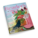 Magazin „Reader’s Digest“ mit Titelblatt in Rosa und türkisfarbenem Schriftzug; bildliche Illustration zeigt einen blauen Vogel, eine braune Amsel, einen Blumentopf mit rosa und weißen Tulpen, daneben pinke Gummistiefel und Gartenhandschuhe; sichtbare Texte: „6 Easy Ways To Get a Green(er) Thumb“, „Sean Penn On Politics, Pressure And Perseverance“, „100-Word-Story Competition Winners Revealed“, Ausgabe Mai 2024.