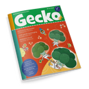 Titelblatt der Kinderzeitschrift „Gecko – Die Bilderbuchzeitschrift“ in grün, orange und gelb. Oben großes weißes Logo „Gecko“, darunter Texte: „PIZZA Sechs Jahreszeiten“, „JUPP und die Gemüsegäng“, „BROKKOLI im All“. Illustration mit drei Brokkoli-Figuren in weißen Raumanzügen vor orangem Weltraumhintergrund. Unten blauer Kreis mit Text: „Geschichten, Sprachspiele und Mitmachseiten – Alle zwei Monate neu, ohne Werbung – THEMA: Gemüse!“.