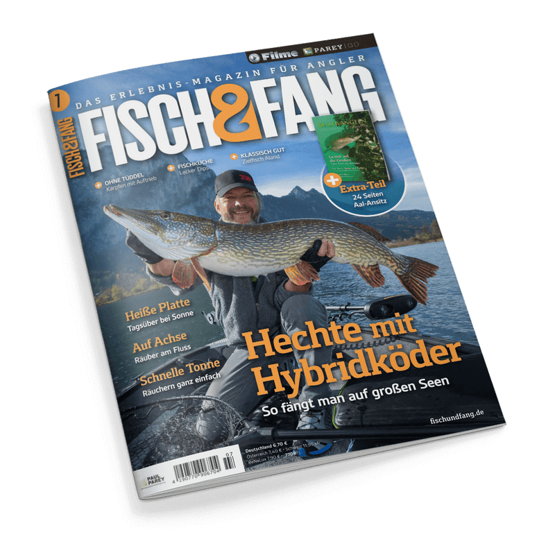 Titelbild der Zeitschrift „Fisch & Fang“ zeigt einen männlich gelesenen Angler in dunkler Outdoor-Kleidung, der auf einem Boot einen großen Hecht quer vor dem Körper hält; Hintergrund: See und bewaldete Berge. Sichtbare Texte: „Hechte mit Hybridköder“, „So fängt man auf großen Seen“, „Heiße Platte – Tagsüber bei Sonne“, „Auf Achse – Räuber am Fluss“, „Schnelle Tonne – Räuchern ganz einfach“ sowie Magazin-Slogan „Das Erlebnis-Magazin für Angler“.