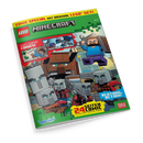 Magazin „LEGO Minecraft“ mit Comic-Cover; vorderseitig eine Szene aus der Minecraft-Welt mit blockartig dargestelltem, blau gekleidetem Charakter oberhalb mehrerer grauer Figuren in Rüstungen. Textelemente: „COMIC SPECIAL MIT ORIGINAL LEGO SET!“, „ZWEI SUPER COMICS!“, „MEISTER UND LEHRLING“, „AUFRÜSTEN!“, „ACHTUNG: ACTION!“, „24 SEITEN COMIC“, Logos von „LEGO“, „Blue Ocean“ und „Mojang Studios“ auf grün-gelbem Hintergrund.
