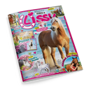 Titelblatt des Magazins „Lissy“ mit großem Foto eines braunen Pferdes mit heller Mähne am Meeresstrand. Auf dem Cover befinden sich bunte Textfelder und Bilder, darunter „4 Poster zum Verlieben“, „Rezept für deine Einhorn-Party“, „Pferde & Bienen“, „Abschied von Carlo“ sowie eine gezeichnete weiße Einhornfigur. Der Rand des Covers ist pink, verziert mit kleinen Herzen und Hufeisen, oben links Comic-Illustration mit Pferden.