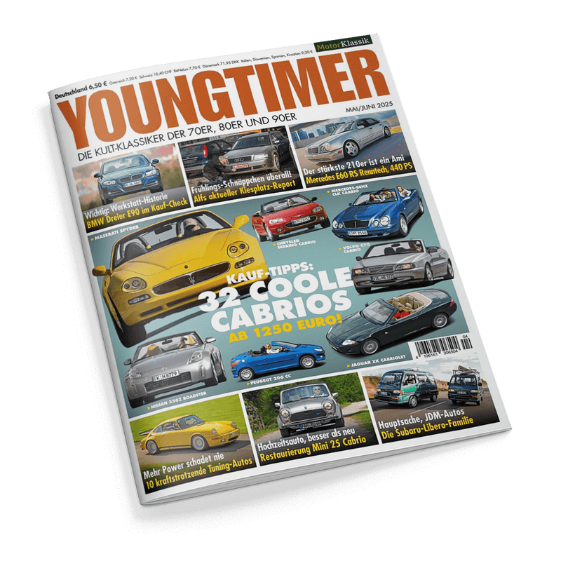 Titelbild der Zeitschrift „Youngtimer“ (Ausgabe Mai/Juni 2025) mit dem Untertitel „Die Kult-Klassiker der 70er, 80er und 90er“, zentral ein gelber Maserati Spyder, darum gruppiert jeweils vier kleinere Abbildungen von Cabrio-Fahrzeugen unterschiedlicher Farben und Marken, Hauptüberschrift: „32 coole Cabrios ab 1250 Euro!“, weitere Themen u. a.: BMW Dreier E90, Mercedes E60 RS, Mini 25 Cabrio, Subaru Libero.