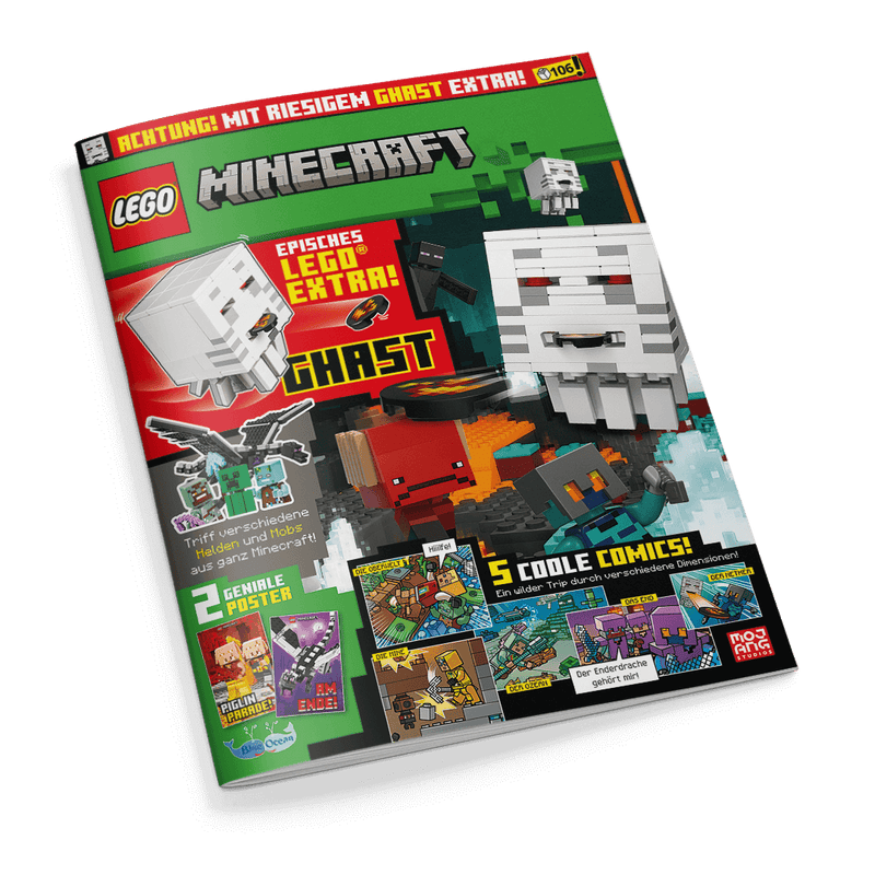 Titelbild eines LEGO Minecraft Magazins mit grün-rotem Hintergrund; oben links das LEGO-Logo und groß der Schriftzug „Minecraft“. Zentral ist eine weiße LEGO-Ghast-Figur mit rotem Mund dargestellt, daneben ein roter Feuermob und ein Minecraft-Charakter mit Diamantausrüstung, umgeben von einer lavagesättigten Landschaft. Text: „EPISCHES LEGO EXTRA! GHAST“, „5 COOLE COMICS!“ sowie „Triff verschiedene Helden und Mobs“ und „2 geniale Poster“.