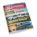 Titelbild der Zeitschrift „CARAVANING – Europas großes Camping-Magazin“ mit rotem Schriftzug auf weißem Hintergrund. Abgebildet sind ein silberner Van mit angehängtem weißem Wohnwagen auf einer blühenden Wiese unter blauem Himmel. Textausschnitte: „Test LMC Videro 510 E“, „Neu! Knaus Nordwind“, „CARAVANS FÜR GROSSE“, sowie Themenkästen zu Kühlung, Nordsee-Reisezielen und Campingplätzen in Istrien.
