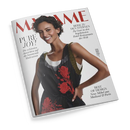 Titelblatt der Zeitschrift „MADAME“ mit einer lächelnden Frau mit kurzen dunklen Haaren in einem schwarzen Kleid mit roten Blumenmustern und olivgrünen Trägern vor hellem Hintergrund. Sichtbare Überschriften: „PURE JOY! Die schönsten Aussichten auf die kommende Modesaison“, „REISE ZU DEN STERNEN – Zu Gast in den begehrtesten Hotel-Restaurants der Welt“ und „BEST OF DESIGN – Neue Möbel aus Maitland & Paris“.