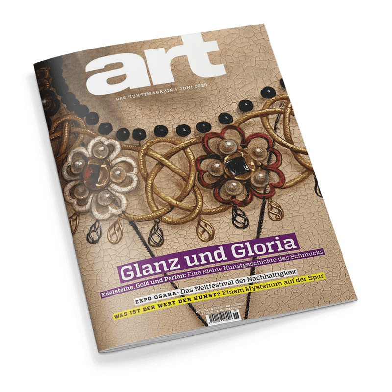 art Magazin, Juni 2025. Cover mit einer detailreichen goldenen Halskette, verziert mit Schmucksteinen. Schlagzeile: Glanz und Gloria.