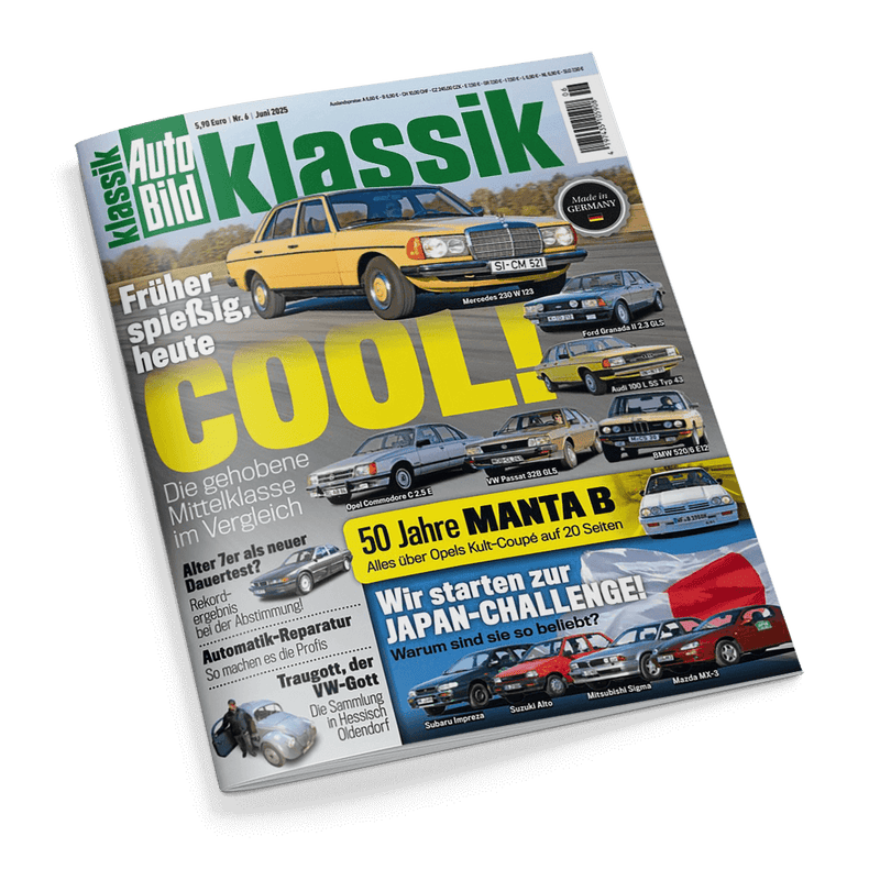 Cover der Zeitschrift Auto Bild Klassik mit gelbem Mercedes 230 W 123 und der Schlagzeile Früher spießig, heute COOL!. Weitere Oldtimer wie der Opel Manta B sind ebenfalls abgebildet.