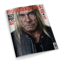 Magazintitel „musikexpress“ in roter Schrift auf weißem Hintergrund, zentral eine männliche Person mit langen blonden Haaren, ernster Mimik und schwarzer Lederjacke, direkter Blick in die Kamera. Linke Bildseite mit Text „IGGY POP – FÜR IMMER PUNK!“, rechte Seite mit Hinweisen auf Inhalte „SPICE GIRLS“ und weitere Themen in schwarzer und roter Schrift. Perspektive leicht schräg von oben auf das Magazin.