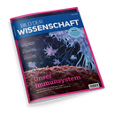 Schräg fotografiertes Magazin „Bild der Wissenschaft“ mit blauem Cover, pinkem Rand und dem Titel „Unser Immunsystem“. Die Titelzeile lautet „Wie der Körper auf Infektionen reagiert – und die Abwehrzellen ihr Gedächtnis trainieren“; weitere Texte nennen „Bestäuber“, „Limes“, „Smart Home“ und „Im Fokus: Monde“, darunter eine Abbildung transparenter bläulicher Verzweigungen über einer rötlich-braunen Oberfläche mit orangefarbenen Partikeln.