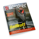 Schräg fotografiertes Angelmagazin „Blinker“ mit rotem Logo, weißem Titel und einer männlichen Person in roter Schwimmweste, die einen großen dunklen Heilbutt vor Wasser und Bergen hält. Sichtbare Texte: „Norwegens spannendster Räuber Heilbutt“, „Fliegenfischen“, „Bachforelle ‚trocken‘ fangen“, „Hotspots im Fluss“ und „Karpfenangeln an Schleusen“.