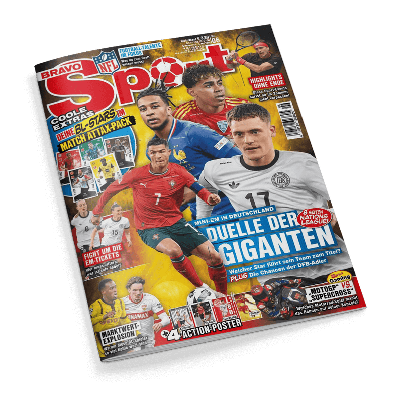 Cover des Bravo Sport Magazins mit Fußballstars wie Cristiano Ronaldo und Florian Wirtz; Hauptschlagzeile: Duelle der Giganten.