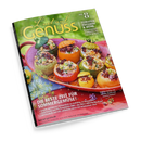 Magazincover „Lust auf Genuss“ no. 8 mit grünem Hintergrund und gelber Schrift. Im Mittelpunkt steht eine ovale rote Servierplatte mit gefüllten Tomaten, Zucchini und Paprika in grüner, roter und gelber Farbe, angerichtet mit Kräutern. Text auf dem Titel: „Tomaten, Zucchini & mehr“, „Die beste Zeit für Sommergemüse!“, sowie Rezept- und Themenhinweise zu Grillen, Weintrends und saisonalem Obst.