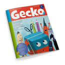 Cover der Bilderbuchzeitschrift „Gecko“ mit rotem Titelbanner, weißem Schriftzug und blauer Ecke oben rechts mit Logo „Stiftung Lesen“. Abgebildet sind bunt illustrierte Stifte, Schere, Würfel und weitere Schreibutensilien mit Gesichtern vor hellblauem Hintergrund. Textausschnitte: „Die Burg Mackefei“, „Angestiftet“, „Der Tag des fröhlichen Wurms!“, blauer Kreis unten links mit Hinweis auf Inhalte ohne Werbung und Thema „Streiten & Versöhnen“.