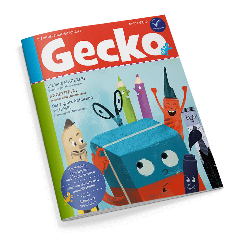 Cover der Bilderbuchzeitschrift „Gecko“ mit rotem Titelbanner, weißem Schriftzug und blauer Ecke oben rechts mit Logo „Stiftung Lesen“. Abgebildet sind bunt illustrierte Stifte, Schere, Würfel und weitere Schreibutensilien mit Gesichtern vor hellblauem Hintergrund. Textausschnitte: „Die Burg Mackefei“, „Angestiftet“, „Der Tag des fröhlichen Wurms!“, blauer Kreis unten links mit Hinweis auf Inhalte ohne Werbung und Thema „Streiten & Versöhnen“.