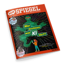 Schräg abgebildetes, orangefarbenes Magazin „DEIN SPIEGEL“ mit schwarzem Coverfeld und farbigen Leiterbahnen. Darauf ein grüner Roboter, eine gezeichnete weibliche Person mit rotem Haar, ein männlicher Athlet sowie ein Pferd; sichtbare Texte: „Durch Wissen wachsen“, „Wer bestimmt, was KI darf?“, „Von Fake News bis Fake Freunde – warum wir jetzt Kluge Regeln brauchen“ und „Im Sattel: Viktoria Huld, 13, trainiert Pferde“.
