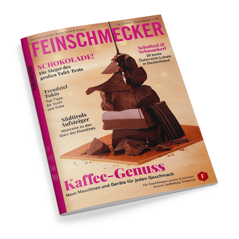 Titelbild der Zeitschrift „Feinschmecker“, Ausgabe Nr. 11/2025. Im Zentrum ein gestapelter Turm aus verschiedenen dunklen Schokoladenstücken mit flüssiger Schokolade darüber, auf hellbraunem Untergrund. Schlagzeilen u. a.: „SCHOKOLADE! Die Sieger des großen Tafel-Tests“, „Kaffee-Genuss – Neue Maschinen und Geräte für jeden Geschmack“, „Trendziel Tokio – Top-Tipps für Sushi und Soba“, „Südtirols Aufsteiger“ und „Schnitzel & Schmankerl – 25 beste Österreich-Lokale in Deutschland“.
