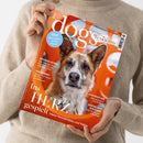 Weibliche Person im beigen Strickpullover hält eine schräg fotografierte, orangefarbene Hundezeitschrift mit dem Titel „DOGS“ und dem Untertitel „vom Glück mit Hund“. Auf dem Cover ist ein Hundeporträt abgebildet; sichtbare Texte lauten unter anderem „TEST: Wie schlau ist Ihr Hund?“, „GROSSES EXTRA“, „MOLVENO-SEE“ und „HINTER DEN KULISSEN“.