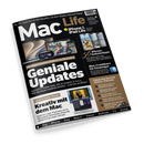 Titelblatt des Technikmagazins „Mac Life“ mit schwarzem Hintergrund und weißen, gelben sowie grauen Schriftfeldern. Hauptüberschrift: „Geniale Updates“. Darunter Themen zu macOS 27, iOS 27, iPadOS 27, iPhone-Geheimtipps und Mac-Crashkurs. Oben Abbildungen von Apple-Geräten wie iPhone, MacBook und iPad mit bunten Displays, unten Foto einer lachenden Person vor Computerbildschirm mit der Zeile „Kreativ mit dem Mac“.