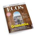 Titelblatt des Magazins ECOS mit Blick auf Granada durch einen maurischen Bogen. Schlagzeile: 'Granada: Alhambra, Tapas und Rock 'n' Roll: Wo der Zauber nie endet'.