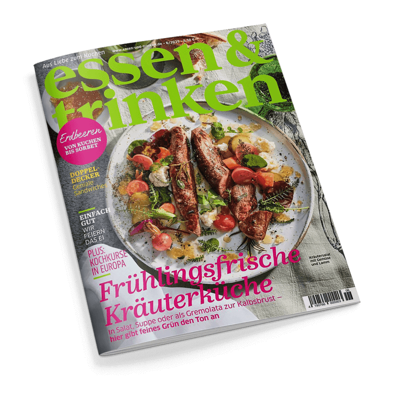 essen & trinken Magazin-Cover mit Teller mit gebratenem Fleisch und Frühlingsgemüse. Hauptschlagzeile: Frühlingsfrische Kräuterküche.