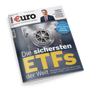 Schräg abgebildetes Magazincover „euro“ vor schwarzem Hintergrund mit Tresortür und sichtbarem Zahnraduhrwerk; darüber ein männlicher Mann im Anzug. Lesbare Texte: „Das Magazin für Wirtschaft und Geld“, „Lindner exklusiv“, „Die sichersten ETFs der Welt“, „Geprüft: 60 %, 90 %, 130 % Gewinn“ sowie „Mitverdienen, wenn die Börse steigt. Ruhiger schlafen, wenn Kurse sinken.“