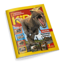 Titelbild der Kinderzeitschrift „National Geographic Kids“ mit gelbem Rand, zentral ein brüllender Dinosaurier in einer realistisch dargestellten Urzeitlandschaft, darüber weiß-gelbes „Kids“-Logo auf rotem Hintergrund; rechte Bildhälfte mit Text: „DINOS: Steinerne Spuren!“ und Hinweis „2 starke Poster!“, linke Seite mit Bildminiaturen und Schlagzeilen zu Tieren wie Igel, Roter Panda und Tiger, u. a. „Knuffiger Klettermaxe!“ und „Igel mit Appetit auf Ameisen!“.
