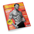 Titelblatt der Zeitschrift „Men’s Health“ mit gelber Schrift auf rotem Hintergrund. Im Zentrum ein muskulöser, oberkörperfreier Mann mit definierter Bauchmuskulatur in Schwarz-Weiß-Fotografie. Textausschnitte: „STÄRKER IN JEDEM ALTER“, „ENDLICH SCHLANK“, „SUPER? MANN!“, „HÄRTE TEST“, „30 JAHRE Men’s Health“. Weitere gelb und weiß gesetzte Schriftblöcke mit Themen zu Fitness, Abnehmen und Männlichkeit.