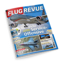 Schräg dargestelltes Magazin „FLUG REVUE“ mit dem Untertitel „Das Luft- und Raumfahrt-Magazin“ auf schwarzem Hintergrund. Das Cover zeigt ein großes Passagierflugzeug vor blauem Himmel sowie kleinere Bilder eines Kampfjets, Hubschraubers und Flugsimulators; sichtbare Texte: „Königliche Service-Offensive“, „Jordaniens neue Flotte“, „F-35 in Italien“, „FCAS-Zukunft“, „Raumsonde Smile“ und „Boeing 777-9“.