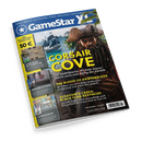 Schräg fotografiertes GameStar-X-Magazin mit blau-gelbem Cover vor schwarzem Hintergrund. Darauf eine männliche Piratenfigur mit Dreispitz, Segelschiff und Palmen sowie die Titel „CORSAIR COVE“, „The Blood of Dawnwalker“ und „Assassin’s Creed: Black Flag Resynced“; links stehen „LOOK MUM NO COMPUTER“, „REGIONS OF RUIN“ und „AFTERLOVE EP“.