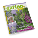 Garten Spaß Magazin Cover: Ein blühender Gartenweg mit einem Rosenbogen und lila Hortensien. Schlagzeile: Zauberhafte Hortensien.