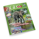 Schräg abgebildetes grünes GEO-lino-Magazin mit dem Titel „TIERISCHE KLIMASCHÜTZER“ und einem Elefanten im Wasser. Auf dem Cover sind außerdem eine männliche Person, ein Satellit sowie die Texte „Die Welt für junge Entdeckerinnen und Entdecker“, „Checker Tobi“, „Camping“, „Satelliten“ und „GEO unterstützt unicef“ erkennbar.
