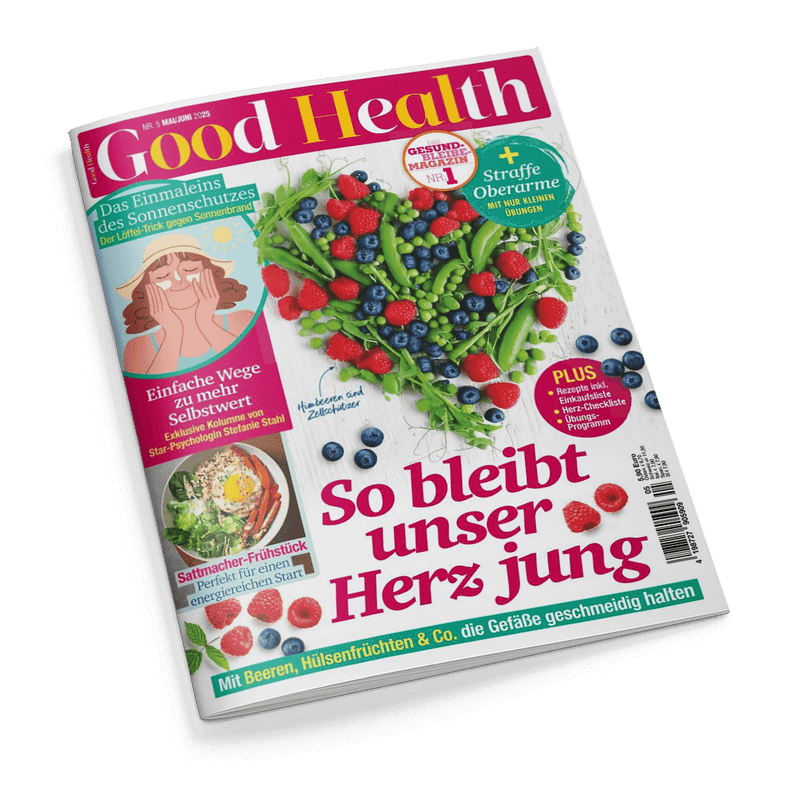 Magazincover Good Health mit Herz aus Beeren und Erbsen, Titel: So bleibt unser Herz jung.