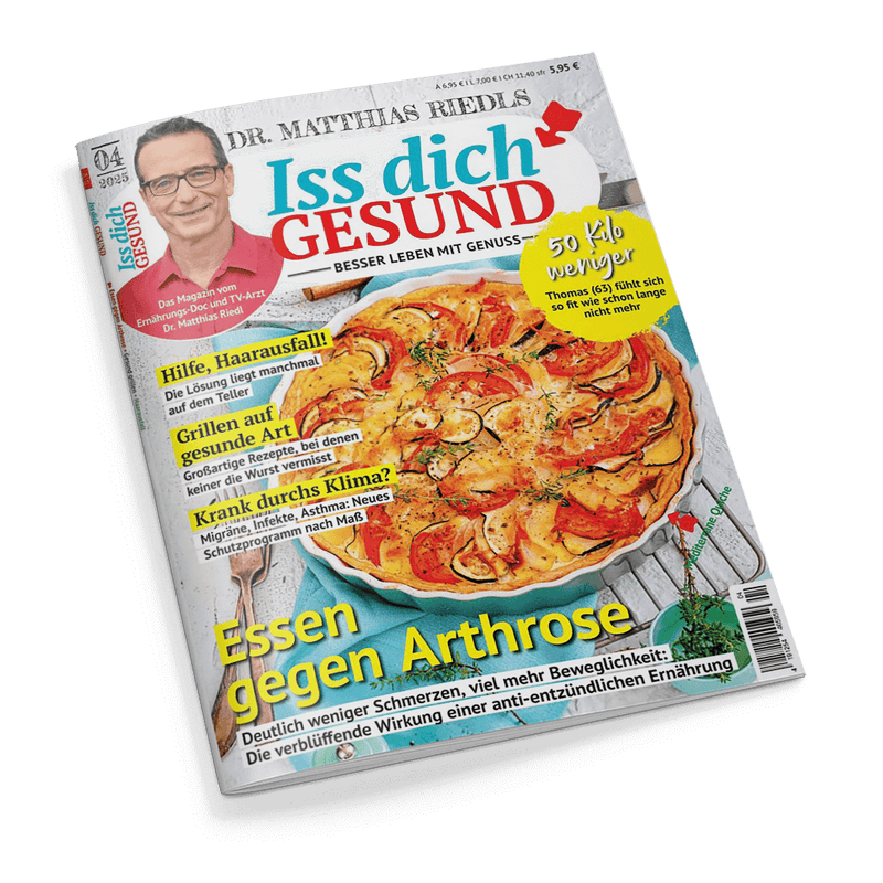 Cover des Magazins Dr. Matthias Riedls Iss dich GESUND mit dem lächelnden Dr. Matthias Riedl und einer appetitlichen Gemüse-Quiche. Hauptthemen sind unter anderem 50 Kilo weniger und Essen gegen Arthrose.