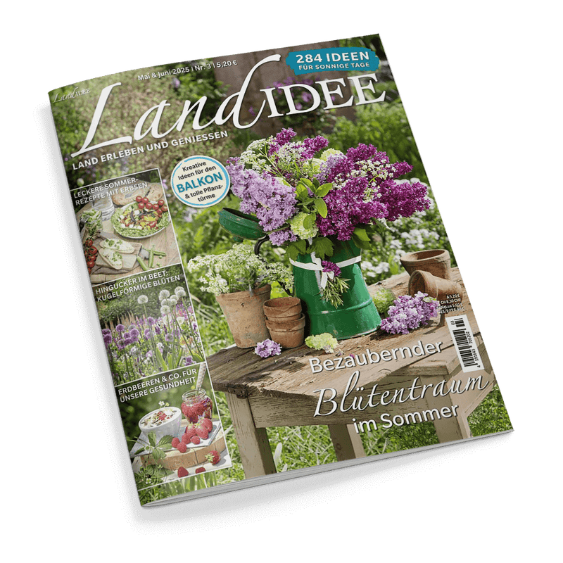 Cover des Magazins LandIDEE mit einer grünen Gießkanne voller lila und weißer Fliederblüten auf einem Holztisch. Hauptschlagzeile: Bezaubernder Blütentraum im Sommer.