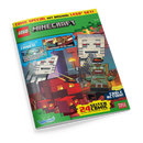 Schräg fotografiertes, rechteckiges LEGO-Minecraft-Magazin mit grünem Rand und farbiger Pixelgrafik auf schwarzem Hintergrund. Sichtbare Texte: „COMIC SPECIAL MIT ORIGINAL LEGO SET!“, „LEGO“, „MINECRAFT“, „ZWEI TOLLE COMICS!“, „COOLE ACTION!“, „24 SEITEN FUN!“, „aus dem LEGO Minecraft Magazin“ und „Blue Ocean“; abgebildet sind Minecraft-Figuren, Gebäude, Lava und weitere Spielfiguren.