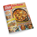 Schräg fotografiertes, glänzendes Cover der Zeitschrift „Lisa Kochen & backen“ vor schwarzem Hintergrund. Die Mitte zeigt eine schwarze Pfanne mit Hackbällchen, Gemüse und Löffel; darum stehen Rezeptfotos und Texte wie „Einfache Rezepte, die alle begeistern“, „One Pot“, „Extra“, „16 Seiten Spar-Rezepte“, „Schnell, lecker, neu“ und „30-Minuten-Hits“.