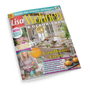 Schräg dargestellte Zeitschrift „Lisa Wohnen & Dekorieren“ auf schwarzem Hintergrund mit türkisfarbener, roter, gelber und weißer Gestaltung. Das Cover zeigt eine weibliche Person, ein helles Esszimmer mit gedecktem Tisch, Blumen und Obst sowie die Texte „Kreativ den Sommer verlängern“, „Landhaus-Liebe“, „EXTRA: 60 Ideen für ein leichtes Wohngefühl“ und „Natürlich schön: Dekorieren mit Blumen, Gräsern & Co.“