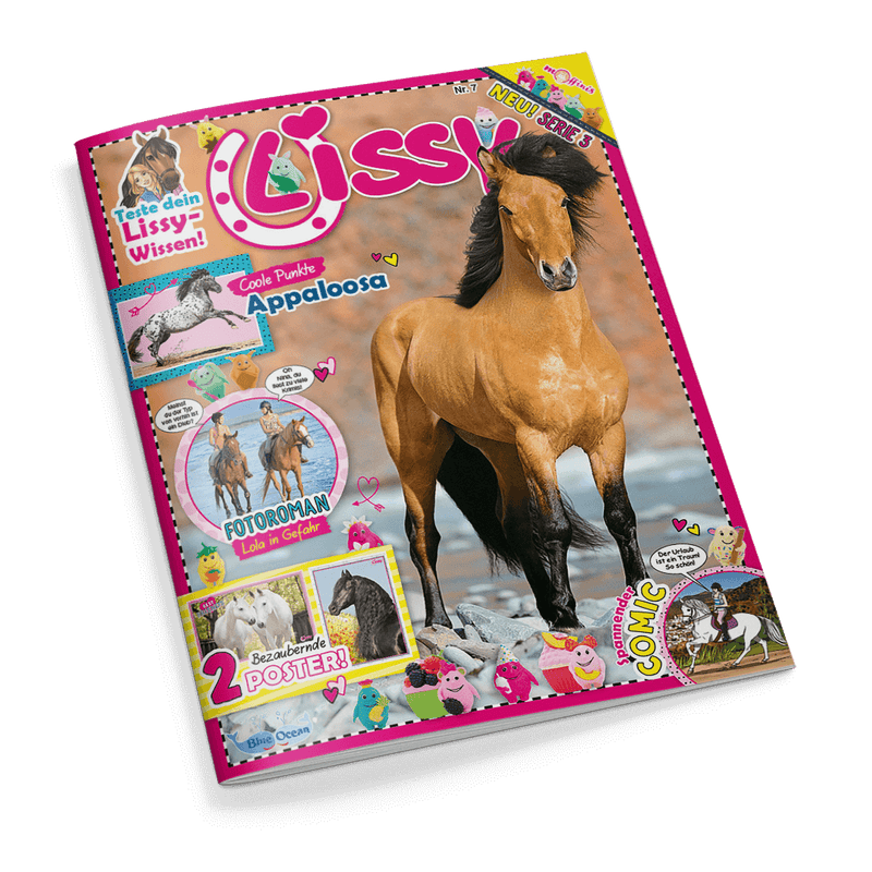 Lissy Magazin Cover: Ein hellbraunes Pferd mit schwarzer Mähne steht am felsigen Strand. Schlagzeilen NEU! SERIE 3 und Coole Punkte Appaloosa.
