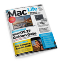 Schräg fotografiertes, rechteckiges Mac-Life-Magazin aus glänzendem Papier vor schwarzem Hintergrund, mit weißem Cover, großem Titel „Mac Life“ und blauem „Life“-Schriftzug. Abgebildet sind ein MacBook, ein iPhone, ein Mac mini sowie eine weibliche Person auf einem Smartphone; sichtbare Texte: „macOS 27 Golden Gate“, „Die Kamera-App im Griff“, „iPhone & iPad Life“ und „Über 100 Seiten Tests + Praxis“.