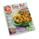 Schräg dargestelltes Magazincover „meine Familie & Ich“ mit dem Titel „One Pot“ auf mintgrünem Hintergrund; abgebildet sind eine grüne Auflaufform mit Gemüse, Hähnchen und einem Löffel sowie ein Kuchen. Sichtbare Texte: „schnell · lecker · aus einem Topf“, „Neue Rezepte!“, „Sommerküche“ und „Zwetschgen“.