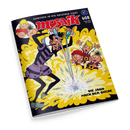 Schräg fotografiertes Comicmagazin „moskito“ mit dem Text „ABENTEUER IN DER GOLDENEN STADT“ und dem Titel „DIE JAGD NACH DEM GOLDENEN ...“. Das dunkelblaue Cover zeigt sechs männliche Comicfiguren, darunter eine zentrale Figur mit zwei Spritzflaschen, vor gelben Explosions- und Rauchwolken; oben rechts steht „Stiftung lesen“.