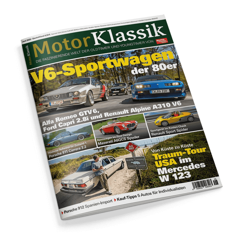 MotorKlassik Magazin-Cover mit der Schlagzeile V6-Sportwagen der 80er. Abgebildet sind mehrere klassische Sportwagen, darunter ein silberner Alfa Romeo GTV6 und ein blauer Renault Alpine A310 V6, auf einer Straße.