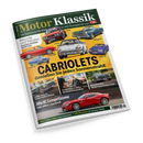 Schräg dargestelltes Magazincover „Motor Klassik“ auf dunkelgrünem und gelbem Hintergrund mit sechs Cabrios: VW Golf I, Ford Galaxie 500, Porsche 911, Fiat Dino Spider, Mercedes CLK und Triumph Stag. Sichtbare Texte: „CABRIOLETS – Genießen Sie jeden Sonnenstrahl!“, „Rekorde und Rabatte“, „Alfa 8C Competizione“, „Mercedes 190 SL“ und „VW Phaeton im Service-Check“; darunter Fahrzeugfotos und eine Person.