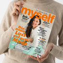 Schräg von oben fotografierte Zeitschrift „myself“ mit beigefarbenem Cover und großer orangefarbener Titelzeile, gehalten von einer Person im grob gestrickten beigen Pullover. Das Cover zeigt eine lächelnde weibliche Person mit dunklem Haar sowie die Texte „Ein Moment für …“, „Zeit zu lesen!“, „Die neue Lust auf gute Mode“, „WOW, bin ich das?“, „Paare begegnen sich selten wirklich“ und „Sie werden staunen!“.