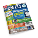 Schräg abgebildetes Zeitschriftencover „PC WELT+“ in Blau, Grün, Gelb, Orange und Grau mit Laptop- und Softwareabbildungen sowie DVD- und Online-DVD-Hinweisen. Sichtbare Überschriften: „Windows Pro gratis!“, „2 Doppel-DVDs“, „Update mit 1-Klick“, „Download-Check-DVD“, „Diese Downloads sind gefährlich!“ und „32 Seiten Extra WLAN-Tuning“.