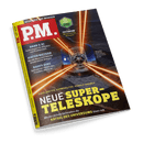 P.M. Magazin Cover mit einem futuristischen Teleskop, das Lichtstrahlen in den Weltraum sendet. Hauptschlagzeile: NEUE SUPER-TELESKOPE.
