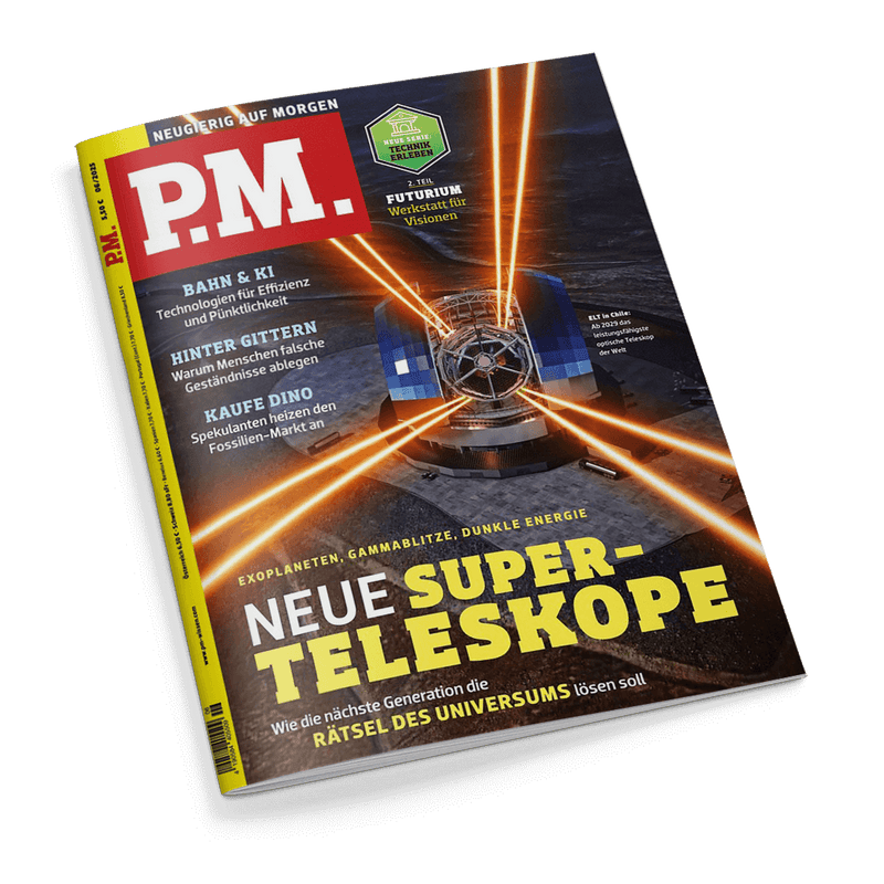 P.M. Magazin Cover mit einem futuristischen Teleskop, das Lichtstrahlen in den Weltraum sendet. Hauptschlagzeile: NEUE SUPER-TELESKOPE.