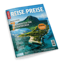 Cover des Magazins Reise & Preise mit einer Luftaufnahme einer tropischen Insel und der Schlagzeile 7 Traumrouten für Weltentdecker.