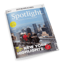 Cover des Magazins Spotlight, das vier Personen zeigt, die auf die New Yorker Skyline blicken, mit der Schlagzeile New York Highlights.
