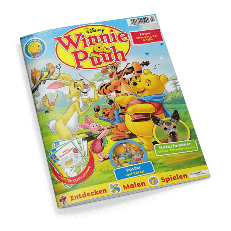 Cover der Zeitschrift Disney Winnie Puuh mit Winnie Puuh und seinen Freunden beim Musizieren. Weitere Themen: Shopping-Set und Naturforscher.